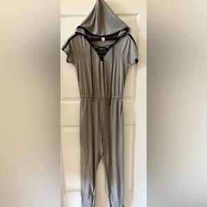 No Boundaries Heather Gray Hoodie Bodysuit Romper Jumpsuit Black Stripes Sz M